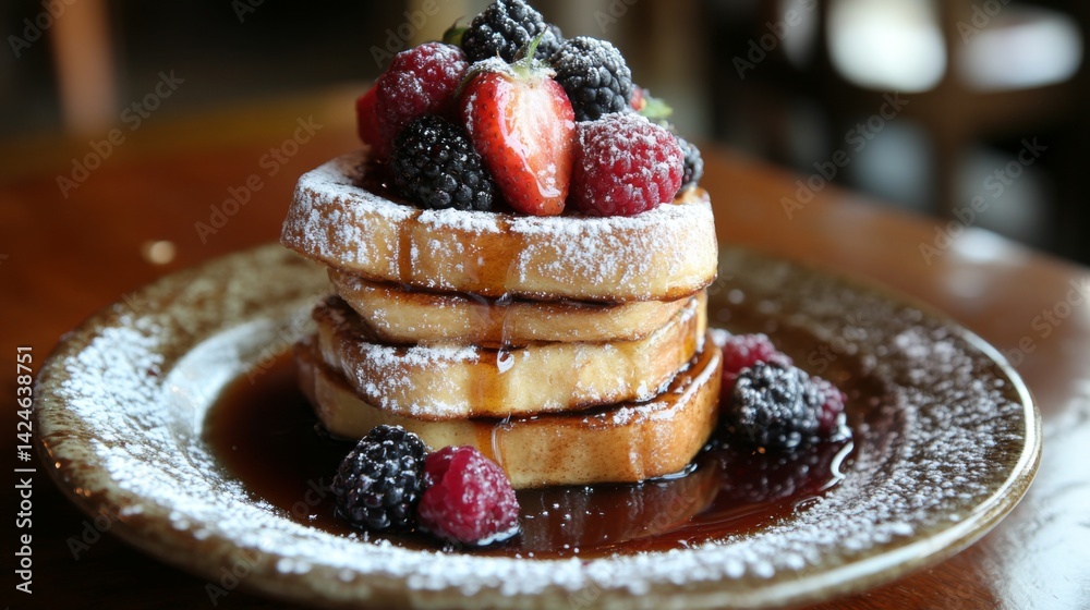 Poster A stack of French toast slices dusted with powdered sugar and topped with fresh berries and a drizzle of maple syrup, served on a rustic ceramic plate.
