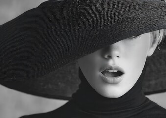Woman, black hat, surprised, studio