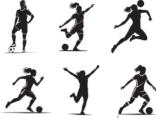 Fototapeta premium Female soccer player silhouette collection in action poses kicking and running with ball