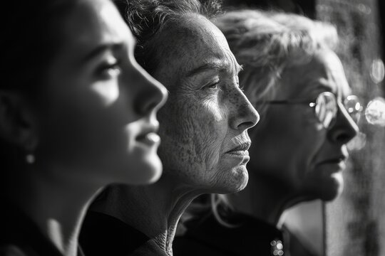 Three generations of women showcasing diverse life experiences in a black and white portrait captured in a dimly lit environment