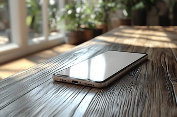 Sleek Smartphone on Wooden Table with Sunlight Reflection &ndash; High-Resolution Mockup Surrounded by Green Plants for Tech and Product Branding

