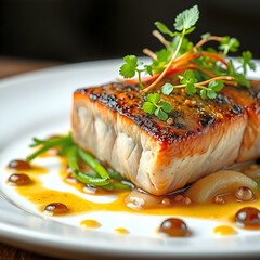 Piece of fried fish, with vegetables and microgreens, on a white plate.