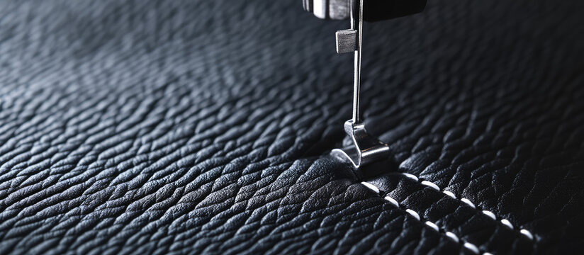 Metallic sewing needle stitching precise parallel lines on textured dark leather material, highlighting fine craftsmanship and attention to detail