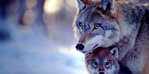  adult wolf with baby cub - © Brian