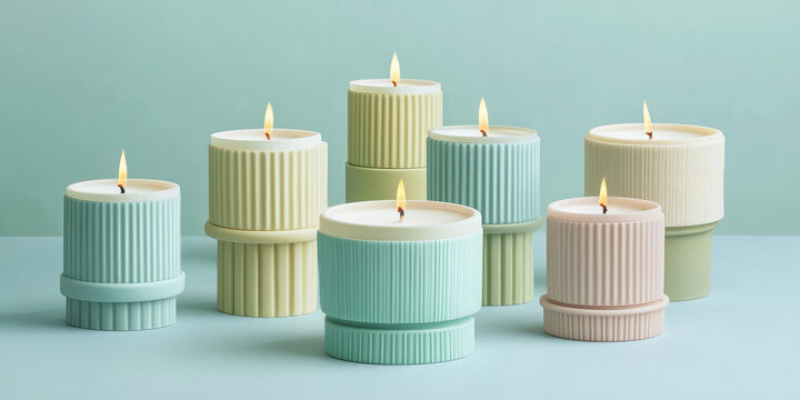 Seven ribbed candles in pastel holders burning bright, arranged symmetrically. Candle heights vary, creating aesthetic harmony and a soothing atmosphere