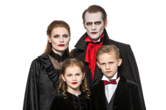 Elegant vampire family in classic Halloween costumes for festive celebration and themed events