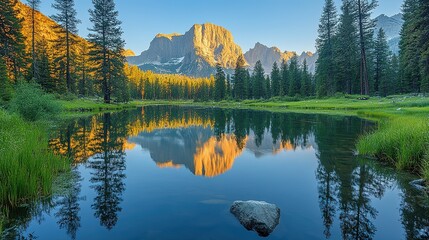Cathedral Peak's Golden Reflection in Still Lake, Yosemite Natio