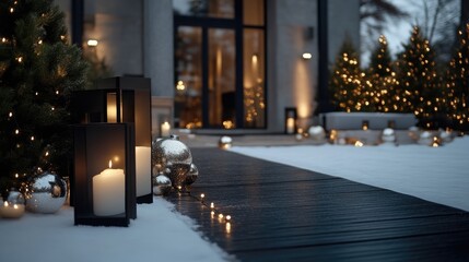 Elegant winter wonderland patio.  Candles, Christmas decorations, and snow create a warm, festive atmosphere
