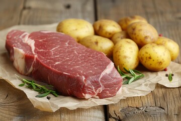 Fototapeta premium steak and golden potatoes on a rustic wooden table