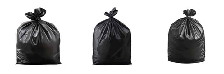 A sleek black garbage bag icon in cartoon flat style with subtle shading, placed in the center of a pure white background (3)