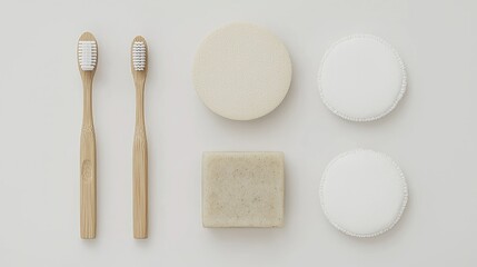 Sustainable bathroom essentials.  Wooden toothbrushes, solid soap, and cleansing pads