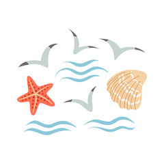 Sea elements. Simple vector illustration of seagulls, waves, starfish, and seashell. Marine elements set for summer, beach, vacation, cards, posters, banners, pattern designs.