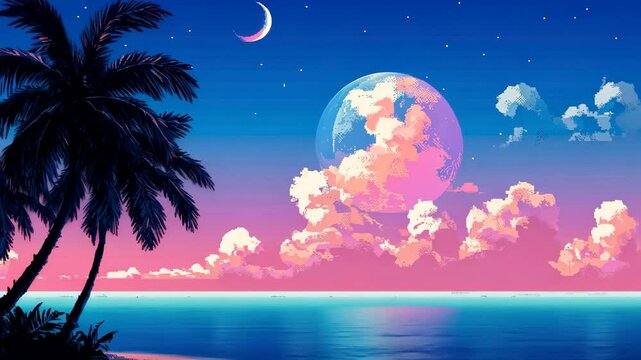 pixel art style background, retro 8-bit game vibe, bright blue sky, pixelated clouds, simple elements, digital art, nostalgic look