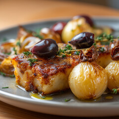 Close-up of baked bacalhau with olives, roasted potatoes, and caramelized onions, golden crust and olive oil drizzle