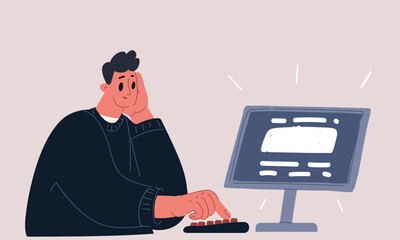 Cartoon vector illustration of a man working at a computer, building ideas like a digital architect in the code city
