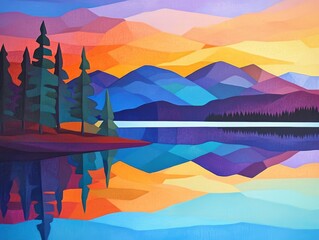 湖に映る山々と夕焼けの鮮やかな色合いが幻想的な雰囲気を生み出している。