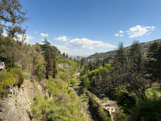 Obraz premium Lush green valley with walking path, rocky cliffs, blooming trees and scenic forested hills under blue sky in spring landscape view of Tbilisi, Georgia