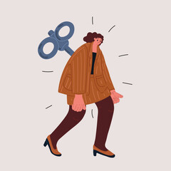 Cartoon vector illustration of a woman with a wind-up key on her back, walking tiredly on bent legs, symbolizing exhaustion and mechanical persistence