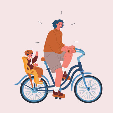 Cartoon vector illustration of a woman riding a bicycle with her son in a child seat on the back, enjoying a family ride