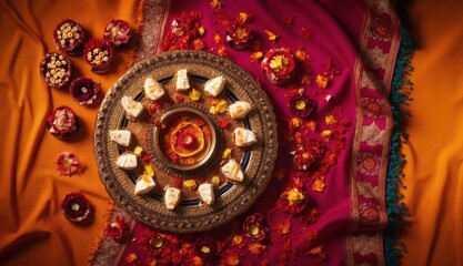 Fototapeta premium A festive thali arranged with white Indian sweets, flower petals, and a central diya placed on vibrant magenta and orange silk fabric for Raksha Bandhan rituals