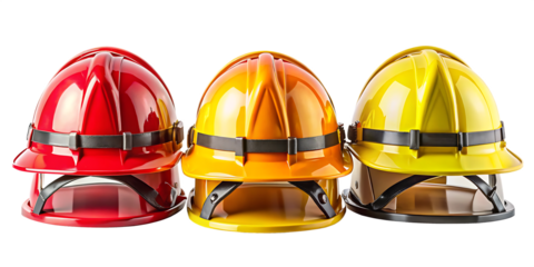 set collection of fireman and hard safety orange or yellow helmet cap hat in different color styles for construction sites isolated on white background PNG