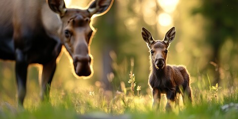  baby moose with adult moose 