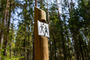Hiking Trail Sign on Wooden Post.  Close-up of a hiking trail sign mounted on a wooden post in a sunlit forest, marking a natural walking path.