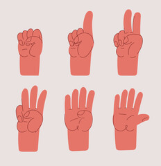 Cartoon vector illustration of hands showing numbers with fingers, representing steps, growth, and the journey to success