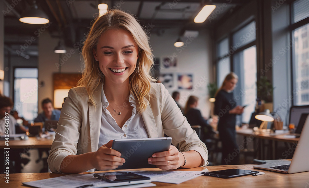 Poster woman is sitting at a desk with a tablet in front of her. she is smiling and she is enjoying her wor