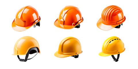 set collection of fireman and hard safety orange or yellow helmet cap hat in different color styles for construction sites isolated on white background PNG