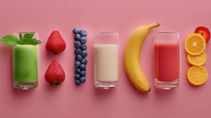 Jugos de frutas frescas con ingredientes sobre fondo rosa