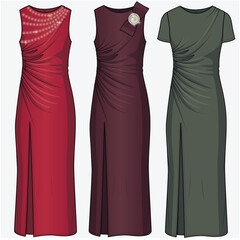 ASYMMETRIC GATHER DRESS WITH SLIT DETAIL DESIGNED FOR YOUNG WOMEN AND WOMEN IN VECTOR FILE