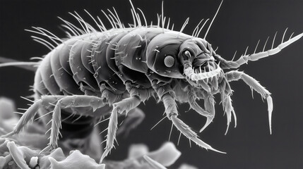 Insecto en vista microscópica electrónica de barrido en blanco y negro