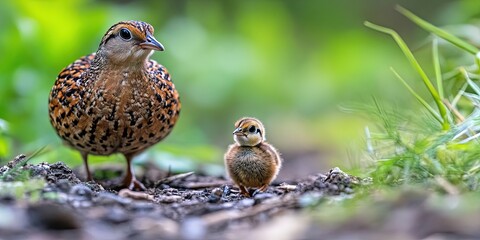 Fototapeta premium baby quail with adult quail -