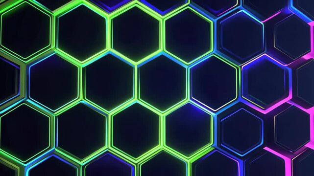 hexagonal grid with glowing edges, dark background, bright neon blue and green, digital art, futuristic look, high contrast