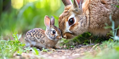 Fototapeta premium baby rabbit with adult bunny