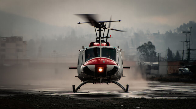 Helic&oacute;ptero de rescate despegando al atardecer en zona urbana