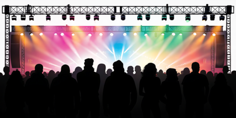 Excited crowd with raised hands at concert  isolated on white background png