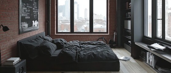 Dark Urban Loft Bedroom with City View