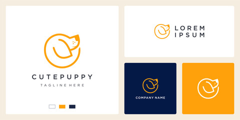 Cute puppy line art logo design template