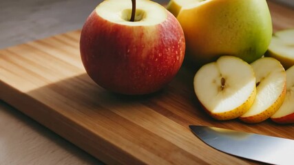 Fresh apple slicing on wooden cutting board in sunlit kitchen - Powered by Adobe