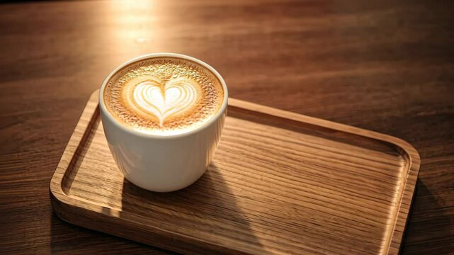 Heart latte art on wooden tray in warm cafe ambiance