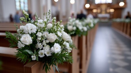 White flowers decorating church pews for wedding ceremony