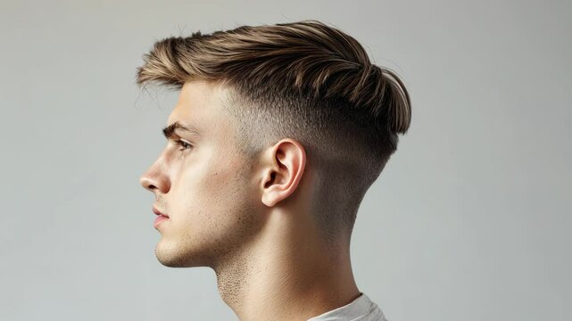 Young caucasian male profile with modern hairstyle for fashion and grooming concepts