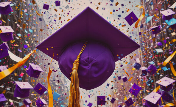 Purple graduation cap is suspended in the air with confetti falling around it. Concept of celebration and accomplishment, as the cap represents the end of a significant academic journey. The confetti