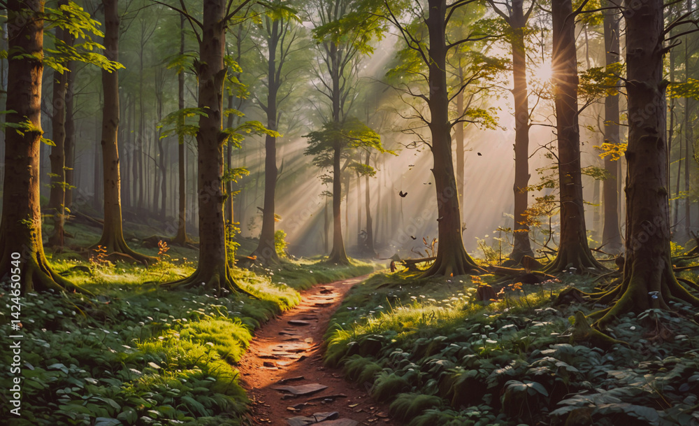 Fototapete forest path with sunlight shining through the trees. the path is lined with trees and there are bird