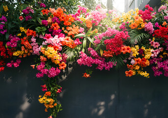Vibrant Bougainvillea Flowers in Full Bloom Against a Grey Wall Colorful Floral Display, Sunny Daylight.