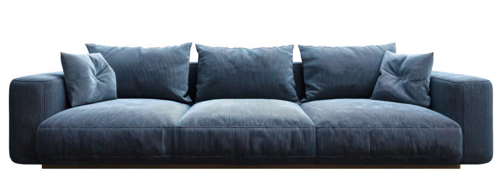 Modern sofa with large and deep blue-gray fabric seating, isolated on a white background, png