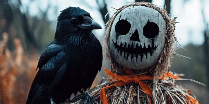 crow sitting on scarecrow unphased and without fear
