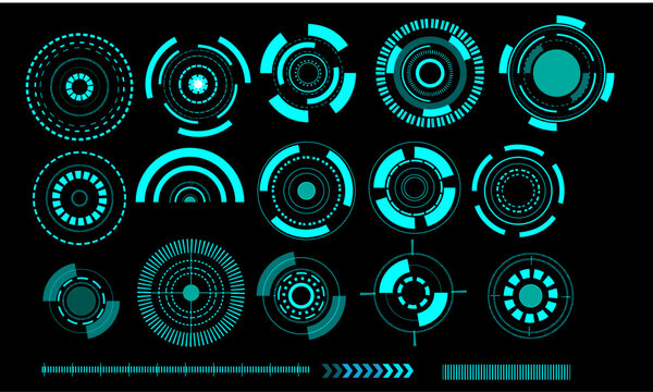 HUD interface round frames, aim control and target circles, vector digital UI dashboard. Virtual cyber screen round buttons and crosshair, HUD futuristic technology circle holograms and round frames